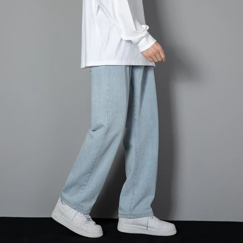 Jean long décontracté pour homme, style coréen, classique, droit, jambes larges, couleur unie, bleu clair, gris, noir, 2025