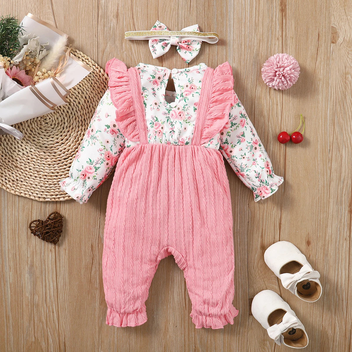 0-18 Ay Yenidoğan Bebek Kız Tulum Sevimli Çiçekli Uzun Kollu Fiyonklu Bodysuit+Kafa Bandı Bebek Kız İlkbahar&amp;Sonbahar Tulum