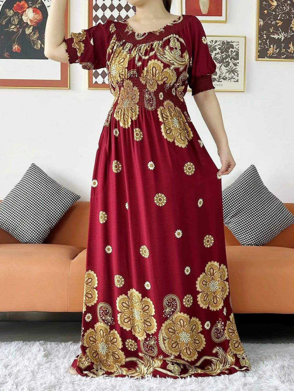 Women Party Dress Muslim Summer Short Sleeve Long Dress Collect Waist Floral Boubou Maxi Islam Women Dress African Abaya Clothes