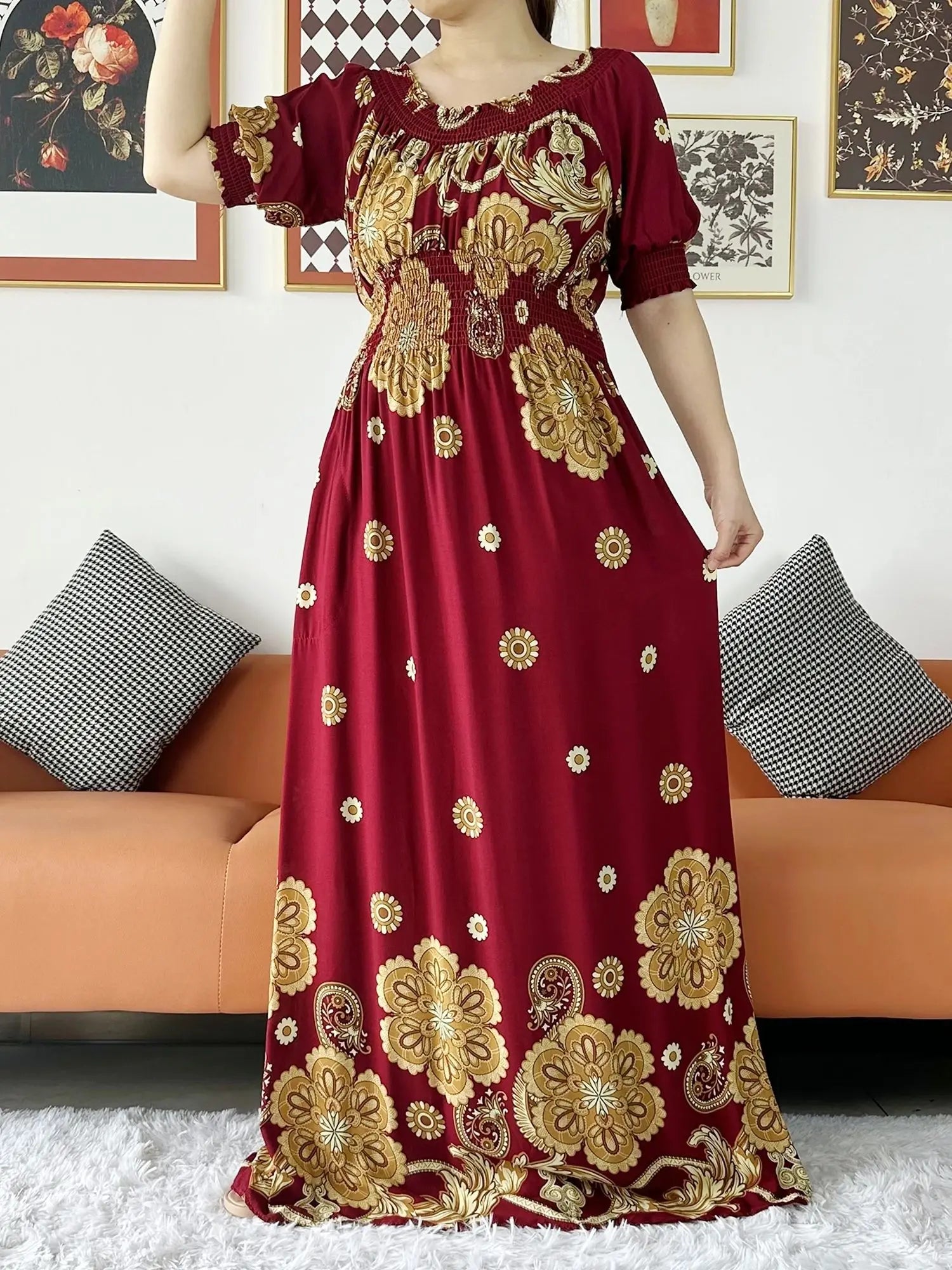 Women Party Dress Muslim Summer Short Sleeve Long Dress Collect Waist Floral Boubou Maxi Islam Women Dress African Abaya Clothes