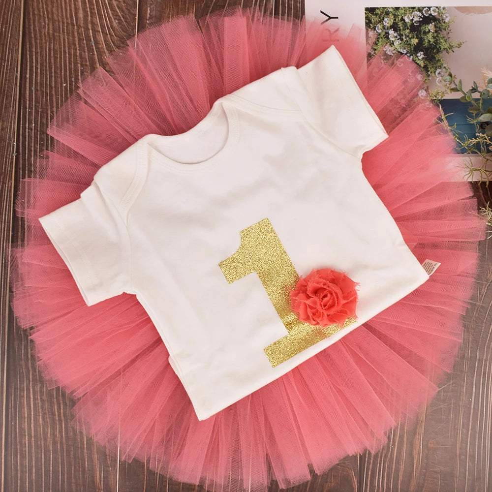 Baby Girl First 1st Birthday Party Dress Cute Christening Outfits One Year Baby Girl Bodysuit and Tutu Dress Newborn Set