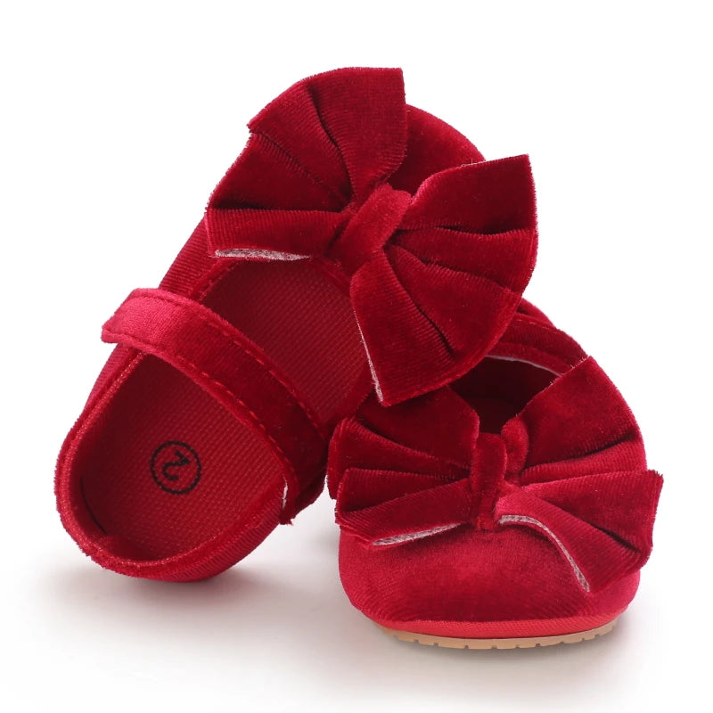 Spring and Autumn Newborn Flannelette Princess Shoes Baby Girls Bow Flat Shoes Toddler Baby Soft Rubber Sole First Walking Shoes