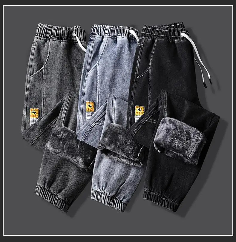 Men's jeans Winter Fleece Jeans Thick Warm Denim Pants Men Streetwear Black Joggers Harem Jean Trousers cargo pants men clothing