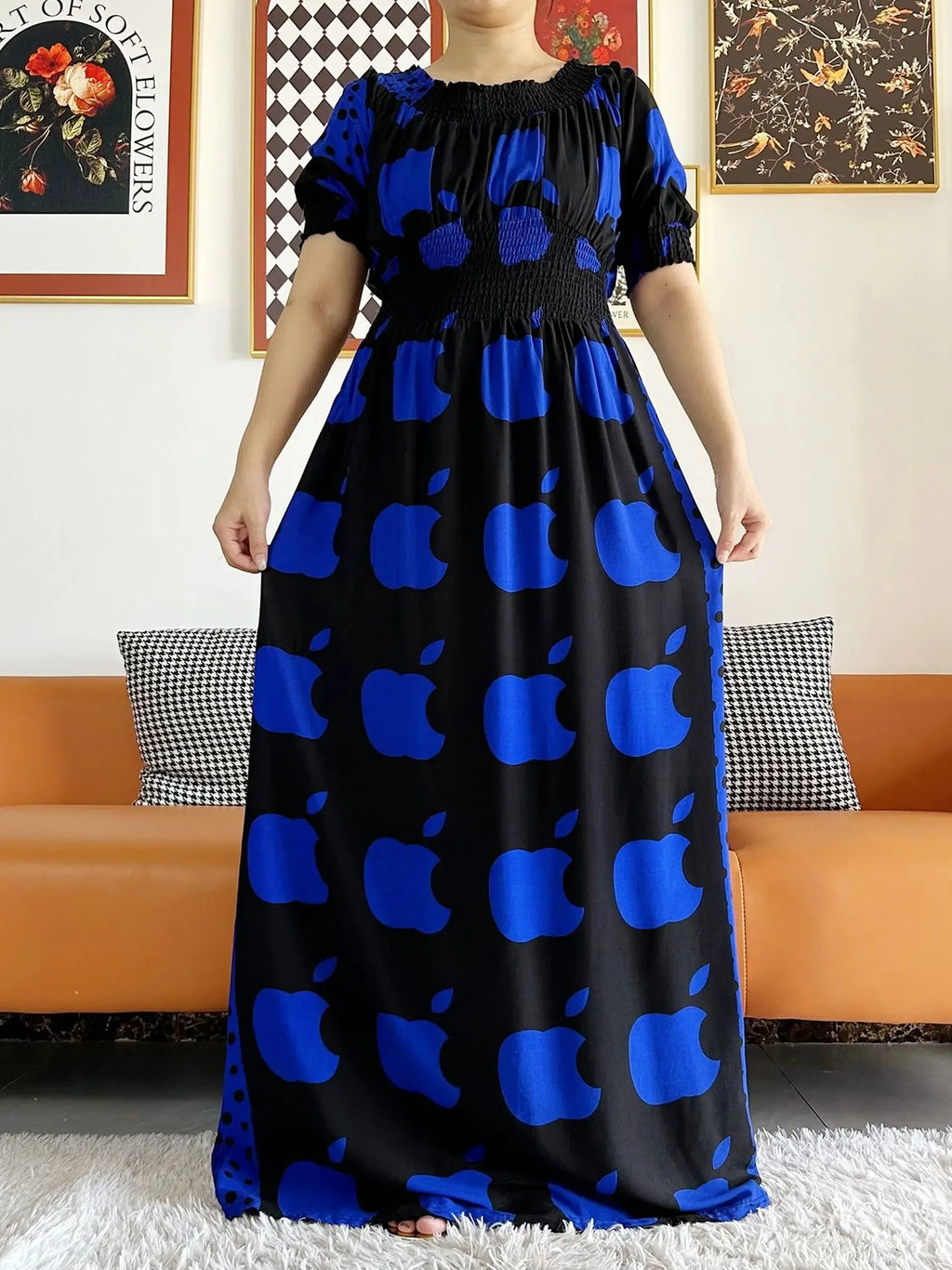 Women Party Dress Muslim Summer Short Sleeve Long Dress Collect Waist Floral Boubou Maxi Islam Women Dress African Abaya Clothes