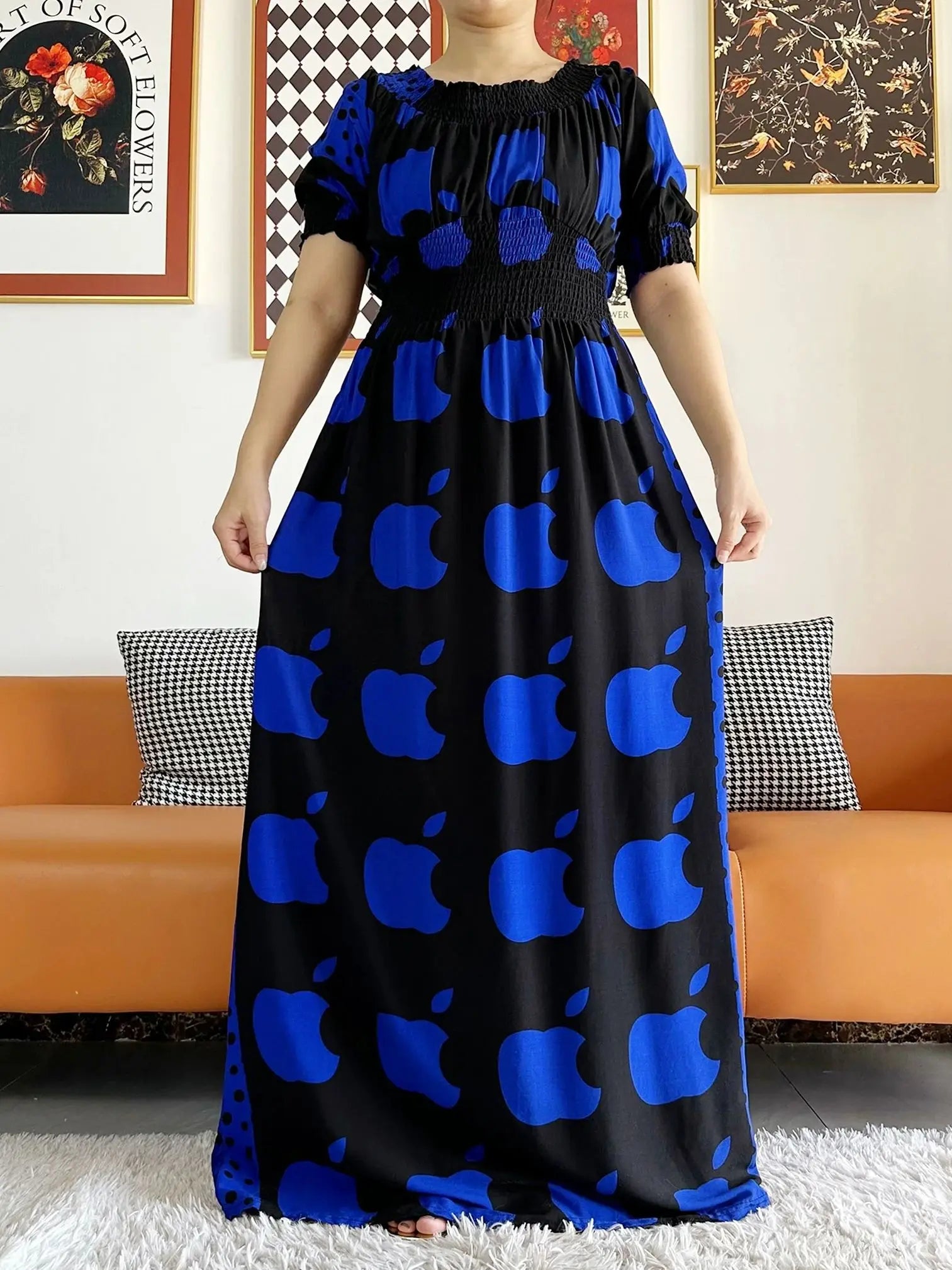 Women Party Dress Muslim Summer Short Sleeve Long Dress Collect Waist Floral Boubou Maxi Islam Women Dress African Abaya Clothes