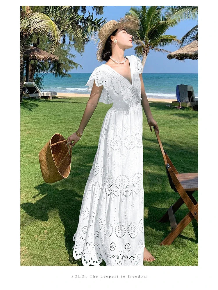 SMTHMA High Quality Hollow Out Embroidery Long Dress Women Sexy Deep V-Neck Ruffle Elegant Summer Dresses Female Clothing