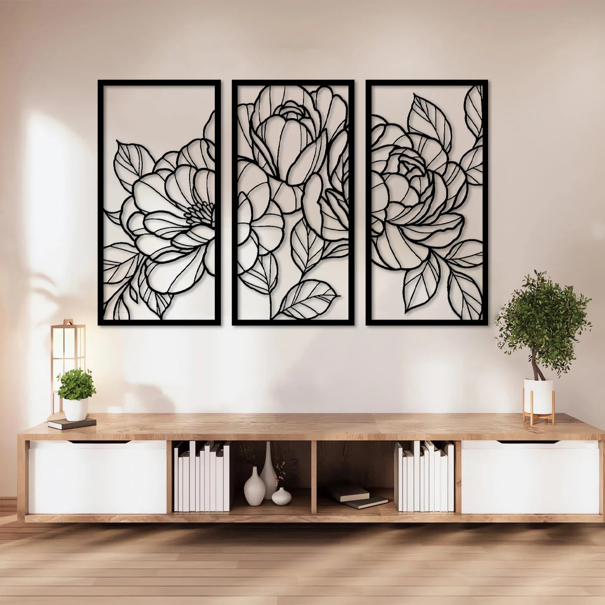 Décoration murale minimaliste en bois avec fleurs dorées et motif floral, art mural moderne abstrait, dessin au trait, 3 pièces à suspendre