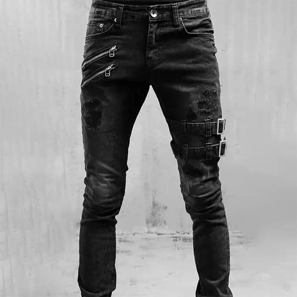Men New Slim Jeans Male Pants Spring Autumn Elastic Feet Jean Streetwear Mens Skinny Zips Biker Cacual Long Denim Trousers
