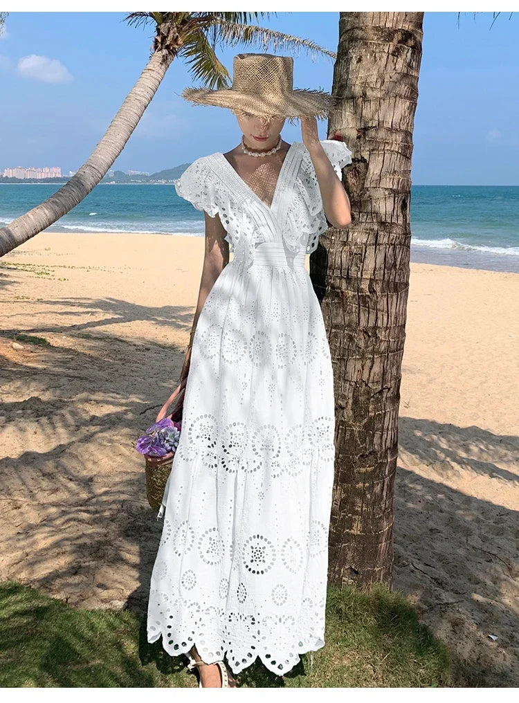 SMTHMA High Quality Hollow Out Embroidery Long Dress Women Sexy Deep V-Neck Ruffle Elegant Summer Dresses Female Clothing