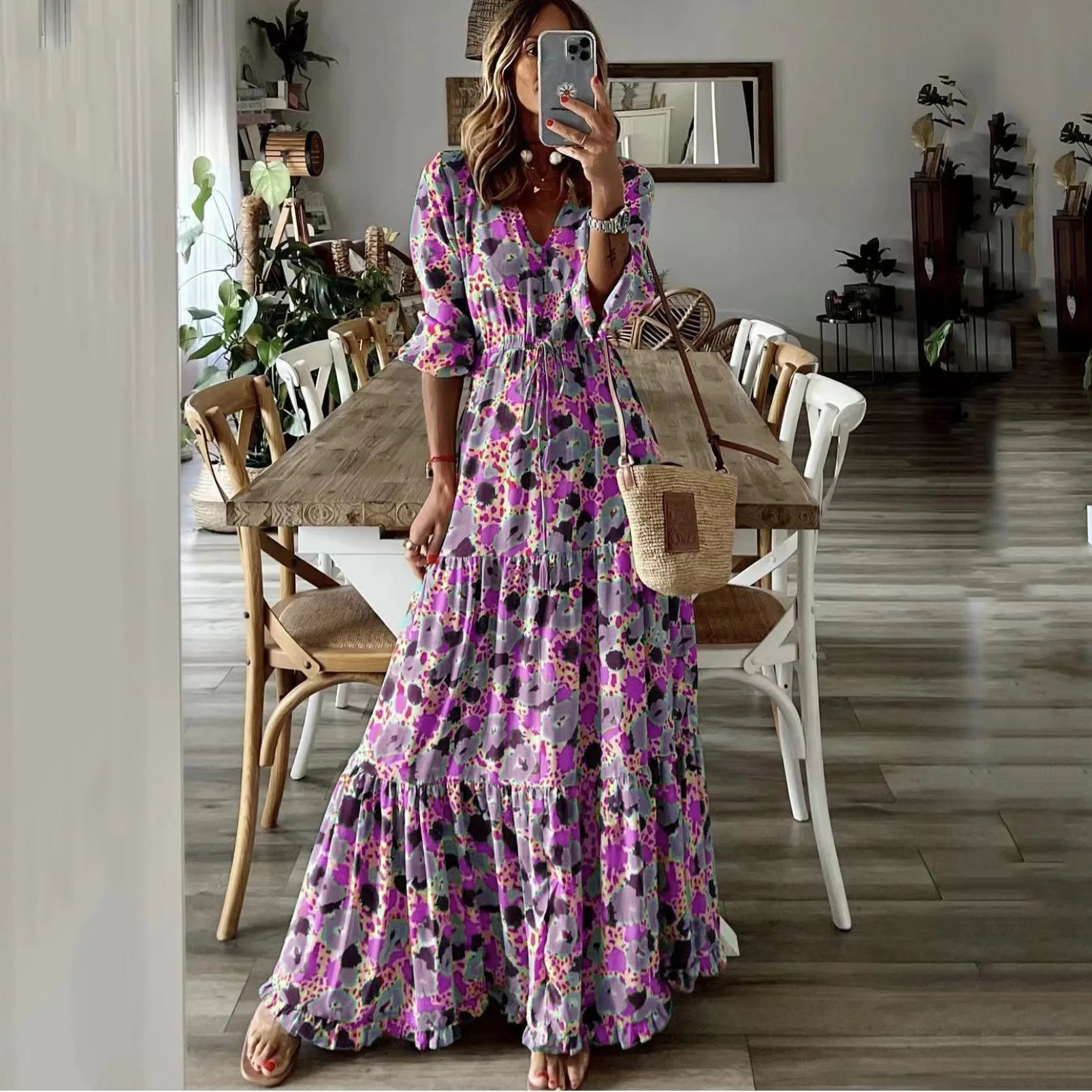 Women's Clothing Temperament Vacation Sexy V-neck Fashionable Printed Lace Up Seven Quarter Sleeve Large Swing Long Dress