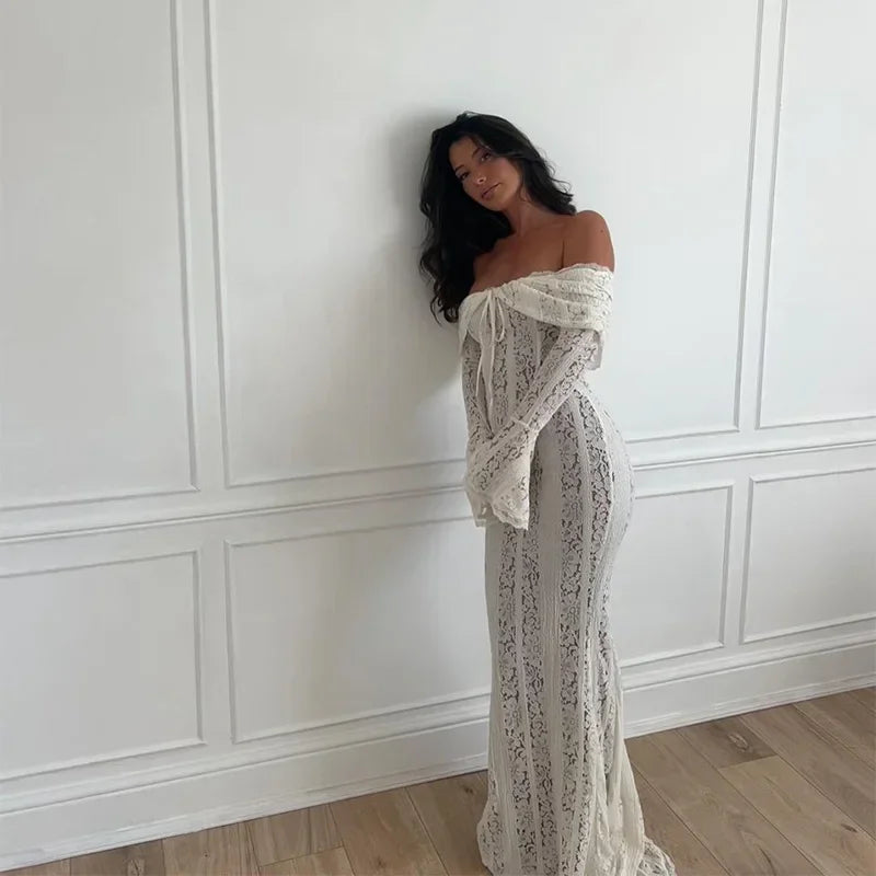 Sexy Women Hollow Out Slash Neck Lace Flared Sleeve Long Dress Elegant Laced Up Slim Fit Robes New Lady Evening Party Vestidos