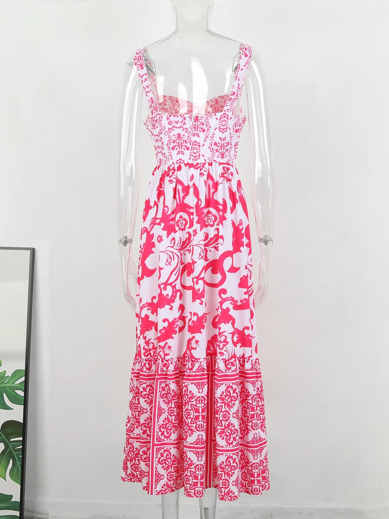 2024 Summer Print Long Dress Women Clothing Lace Up Sling Party Dresses Pattern Strappy Ladies Hollow Out V-Neck Beach Vestidos