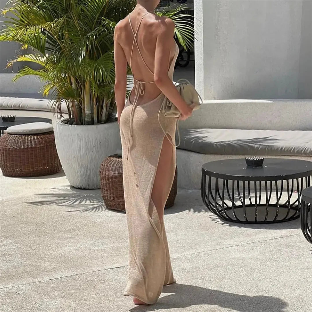 Crochet Knitted Tunic Beach Cover Up See-through Slit Halter Slip Long Dress for Women 2024 Summer Maxi Beachdress