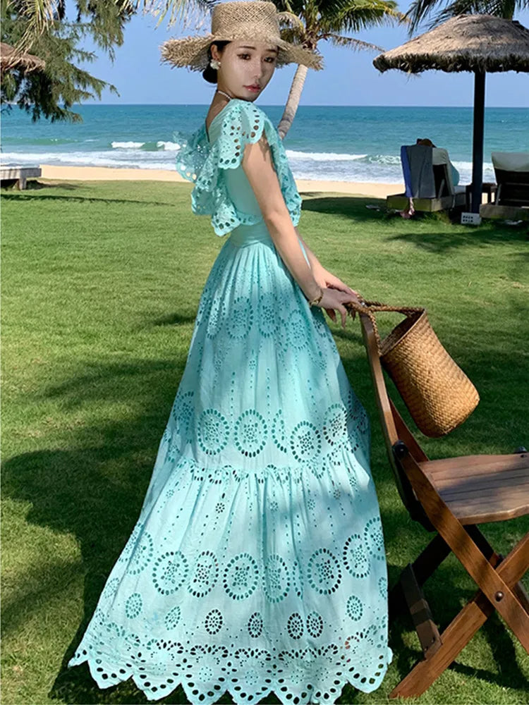 SMTHMA High Quality Hollow Out Embroidery Long Dress Women Sexy Deep V-Neck Ruffle Elegant Summer Dresses Female Clothing