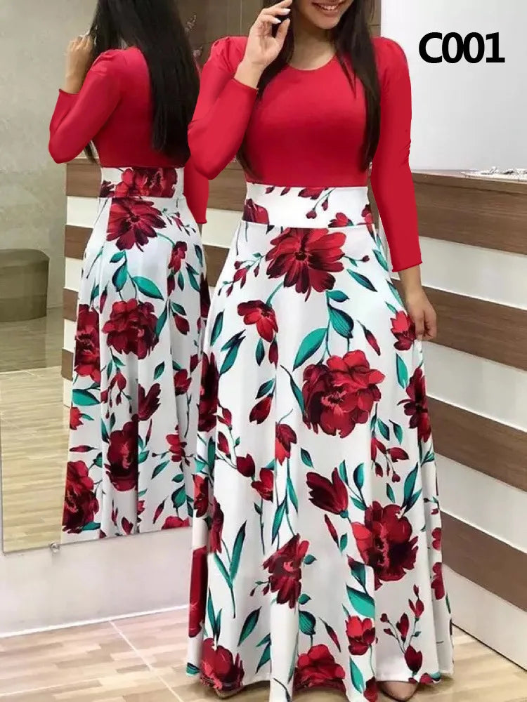 Elegant Women's Long Dress Flower Retro Printed Patchwork Long Sleeve Banquet Maxi Robe S-5XL
