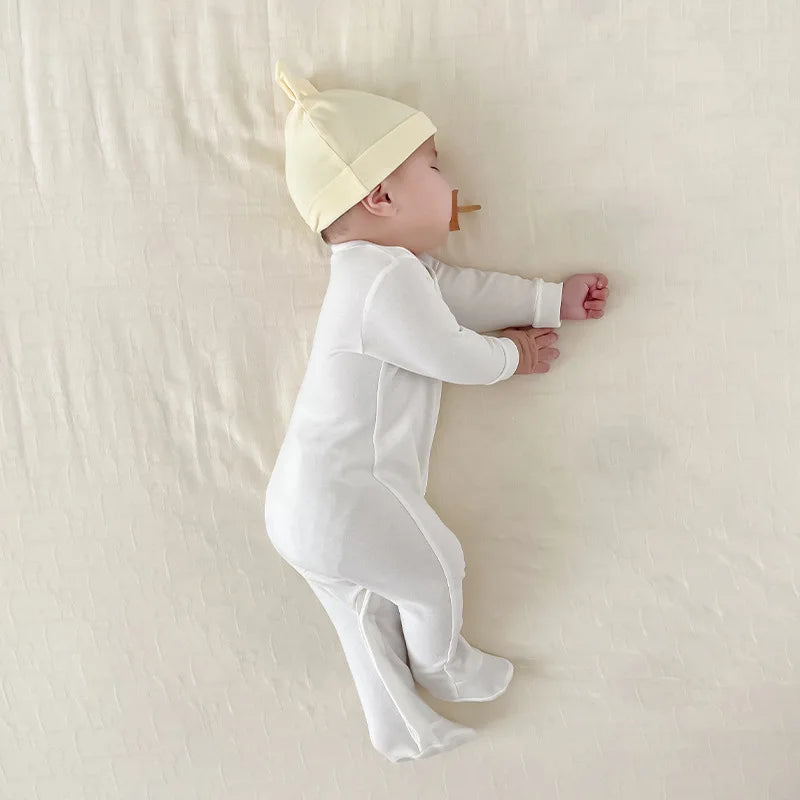 Newborn Baby Long Sleeved Solid Color Long Crawling Jumpsuit Spring Autumn Cotton Footed Infant Boys Rompers 0-1Y Boys Bodysuit