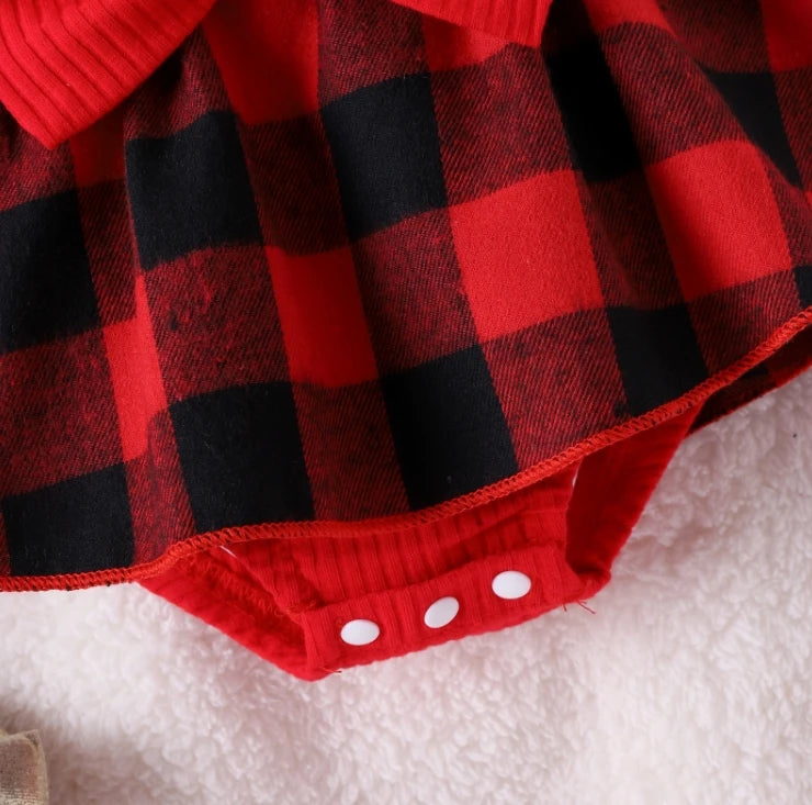 Newborn Baby Girl Christmas Romper Dress Ruffle Long Sleeve Plaid Jumpsuit Skirts Hem Bodysuit with Headband Outfit
