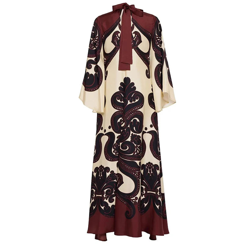 Muslim Ethnic Pattern Print Vintage Dress for Women Sexy V Neck Lace-up Long Dress Spring Fall 3/4 Sleeve Loose Party Maxi Dress