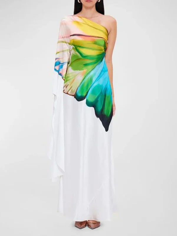 Gymystars Women's Printed Elegant Evening Dress One-shoulder Asymmetric High Waist Pleated Vintage Female Slim Long Dress