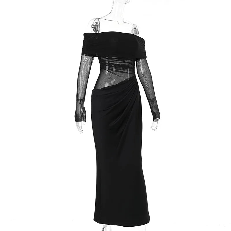 Tuularose Sexy Mesh Hollow Long Dress Women's Sexy One Shoulder Long Sleeve Patchwork Resort Dress Summer Party Evening Dress