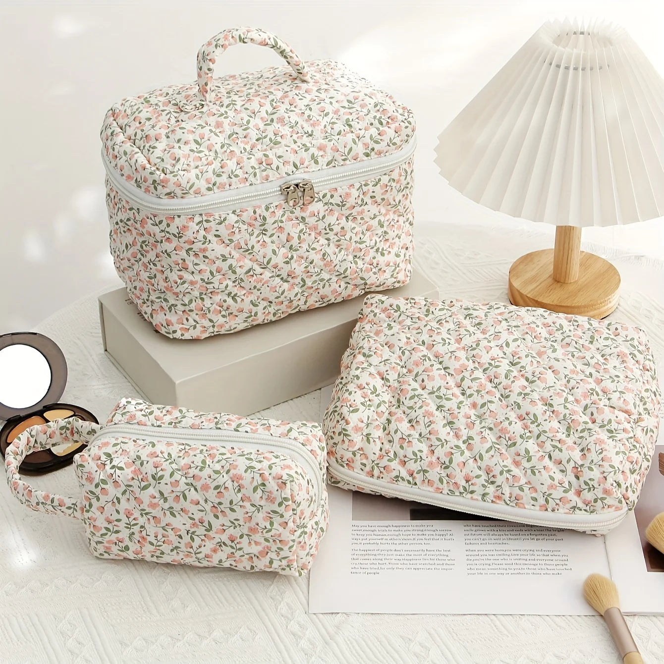 3 Pcs Cotton Quilted Makeup Bag Set,Floral Makeup Bag, Travel Makeup Bag,Large Toiletry Cosmetic Bag Makeup Bag Organizer