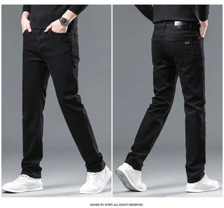 2025 Spring New Men's Straight Jeans Elastic Pant Classic Smoke Gray Casual Wear Mid Waist Casual Trousers Black Male Brand