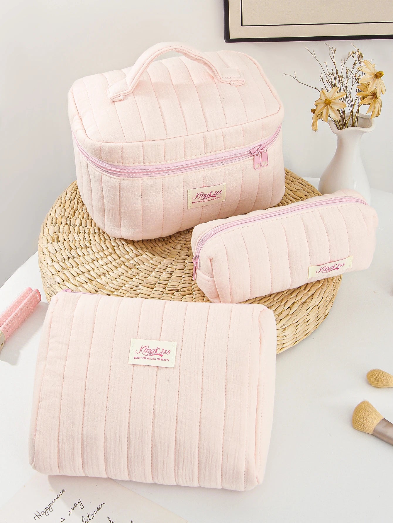 1pc/set pink quilted makeup bag, multifunctional makeup bag, handheld makeup bag, portable makeup bag set with zipper
