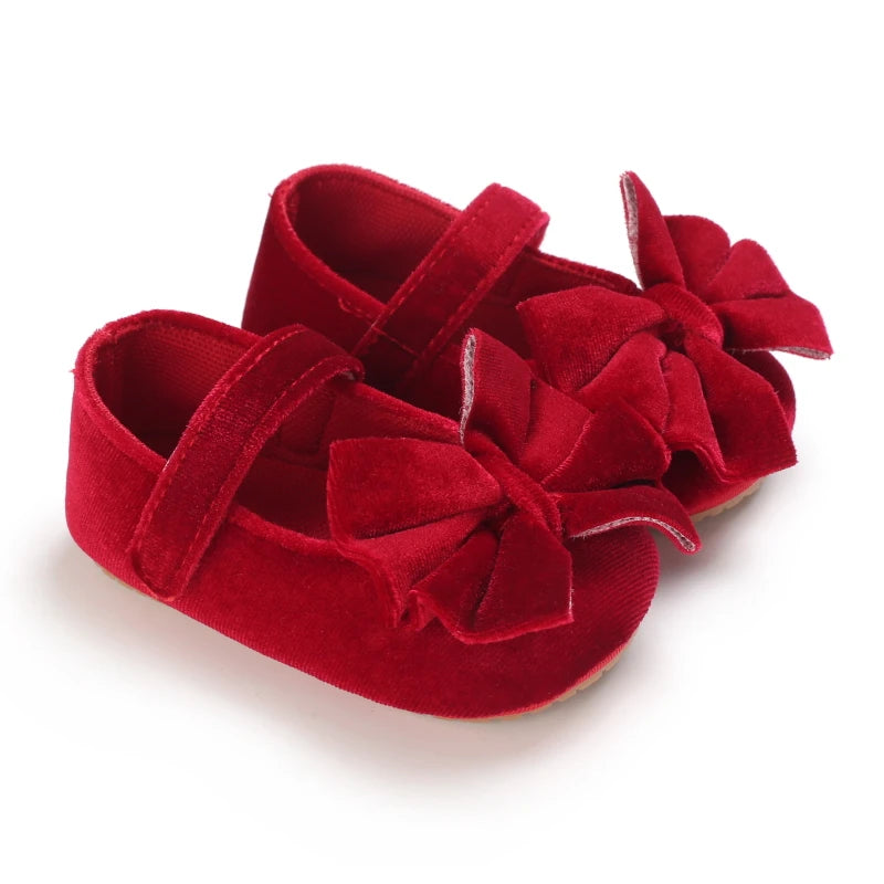 Spring and Autumn Newborn Flannelette Princess Shoes Baby Girls Bow Flat Shoes Toddler Baby Soft Rubber Sole First Walking Shoes