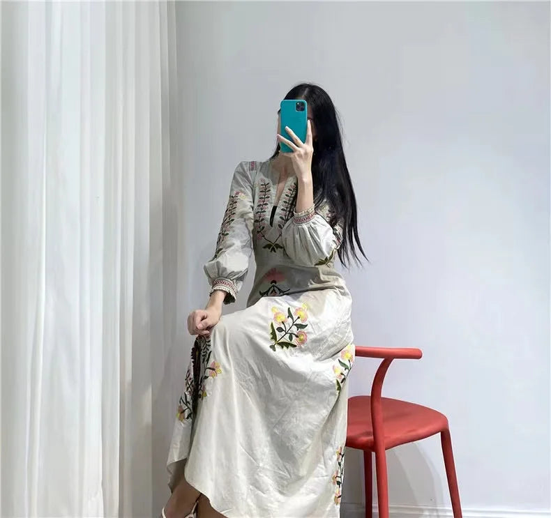 RARF 2024 New positioning heavy industry embroidery craft V-neck long dress Bohemian holiday style