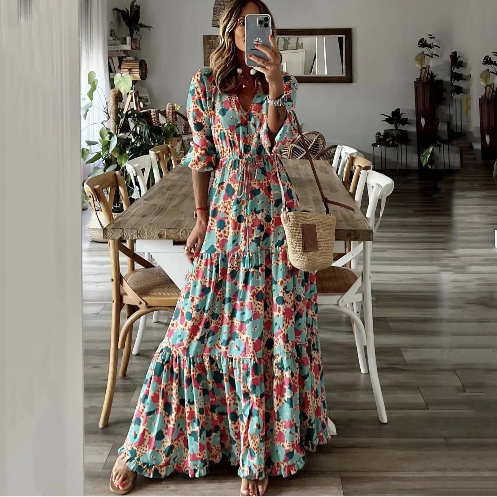Women's Clothing Temperament Vacation Sexy V-neck Fashionable Printed Lace Up Seven Quarter Sleeve Large Swing Long Dress