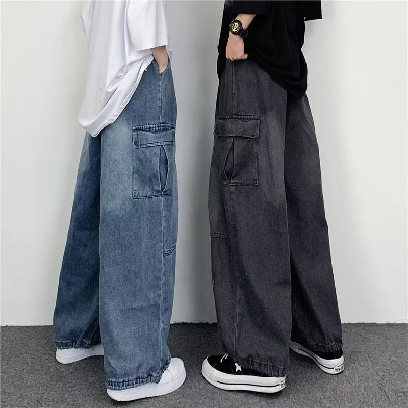 New Men's Wide-leg Jeans Casual Trendy Large Pocket Denim Pants Four Seasons Loose Straight Leg Casual Jeans Versatile Men Women