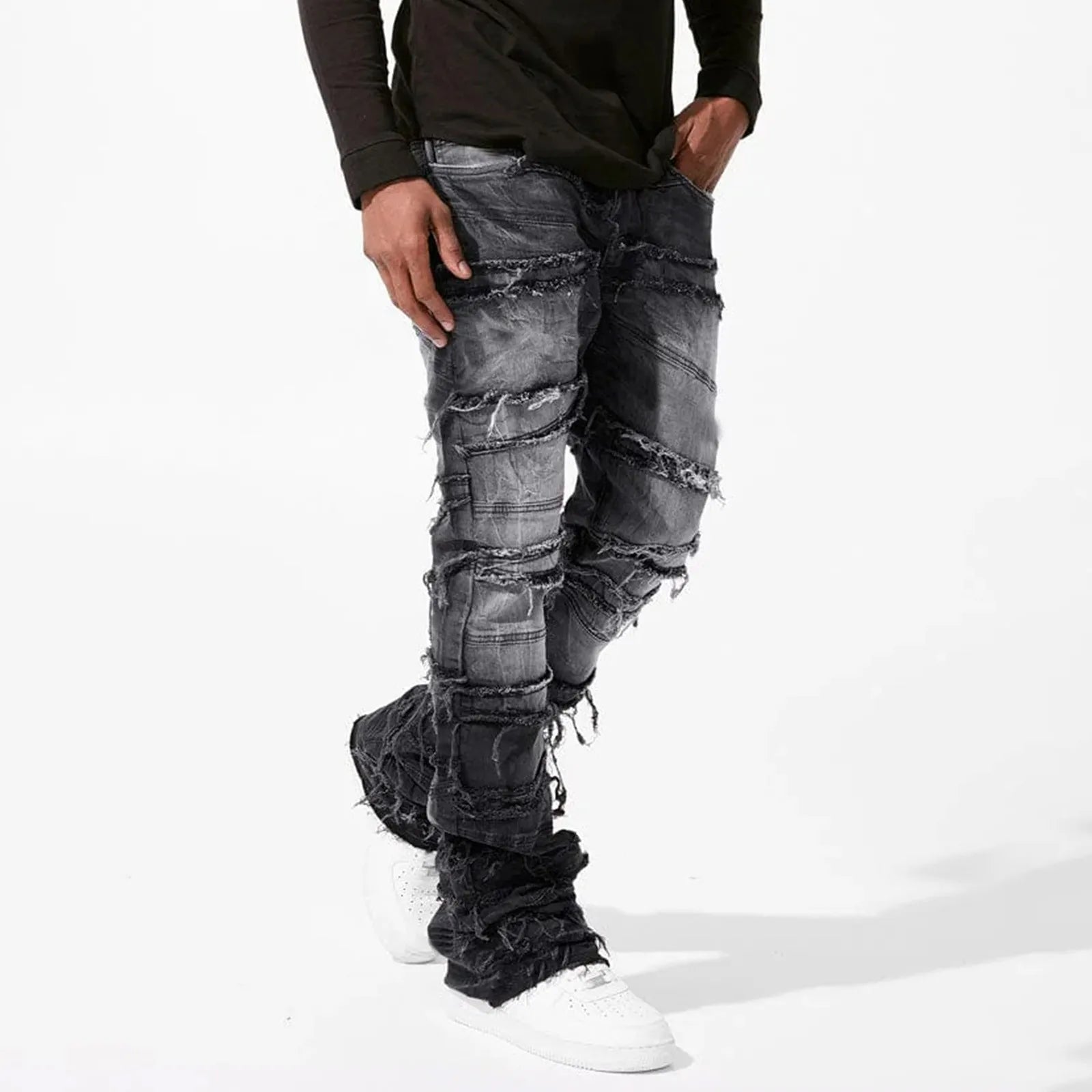 Jeans For Men Stretch Fit Skinny Stacked Ripped Jeans Slim Fit Patch Denim Pants Slim Fit Trousers Streetwear