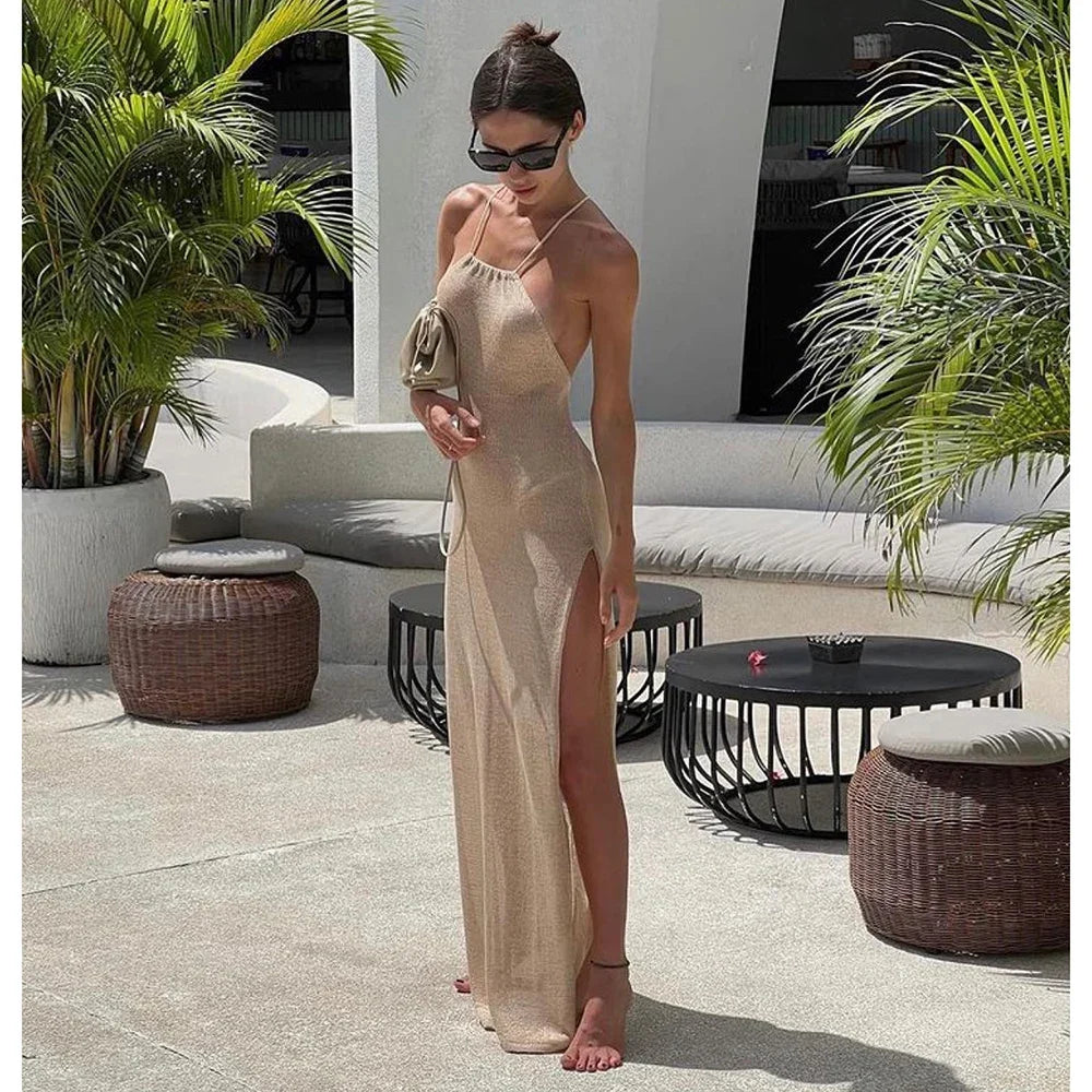 Crochet Knitted Tunic Beach Cover Up See-through Slit Halter Slip Long Dress for Women 2024 Summer Maxi Beachdress