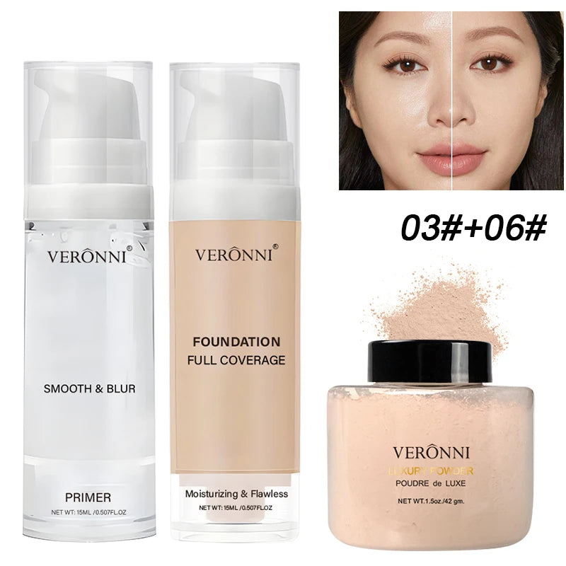 3pcs Face Makeup Kit Include 15ml Full Coverage Liquid Foundation Hydrating Makeup Primer and Loose Powder,Sweat-resistant