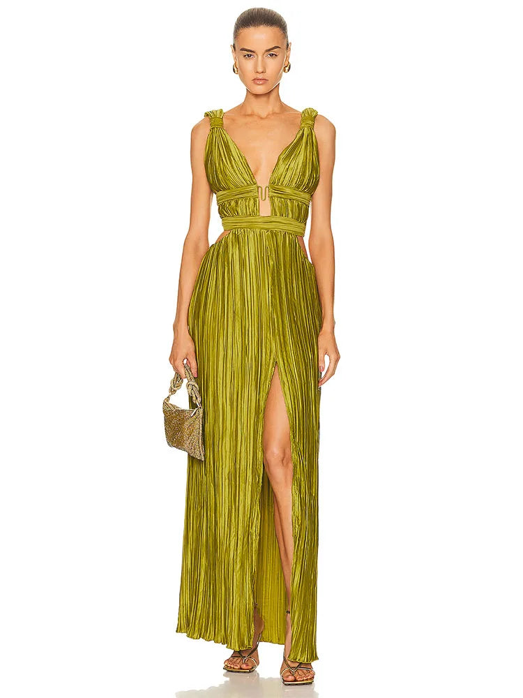 Sexy Sleeveless V Neck Hollow Out Long Dress Women Green Straps Backless High Waist Pleated Split Maxi Dress Party Evening Dres