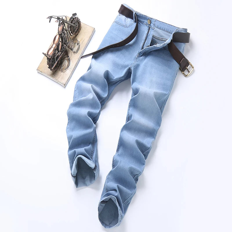 Men's Thin Jeans 2025 Summer New Style Business Casual Slim Fit Elastic Classic Style Trousers Sky Blue Pants Male size 28-40