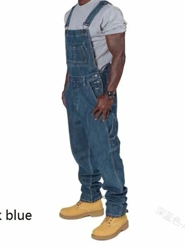 Jeans pour hommes 2025, salopette pour hommes, poches décontractées, amples, longs, pantalons en denim, slim, épissure droite, barboteuses, automne, grande taille, longs jeans pour hommes