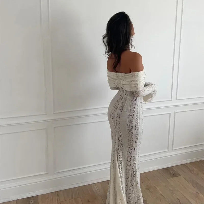 Sexy Women Hollow Out Slash Neck Lace Flared Sleeve Long Dress Elegant Laced Up Slim Fit Robes New Lady Evening Party Vestidos