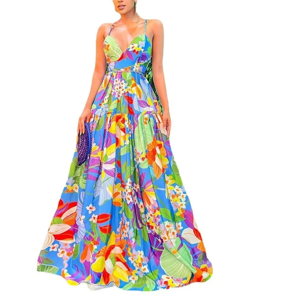 2024 New Summer Women's Clothing European American Style Off-the-shoulder Printed Dresses Oversized Tank Long Skirts