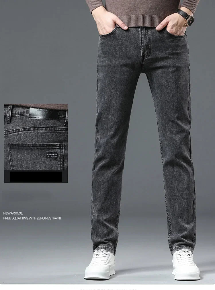 2025 Spring New Men's Straight Jeans Elastic Pant Classic Smoke Gray Casual Wear Mid Waist Casual Trousers Black Male Brand