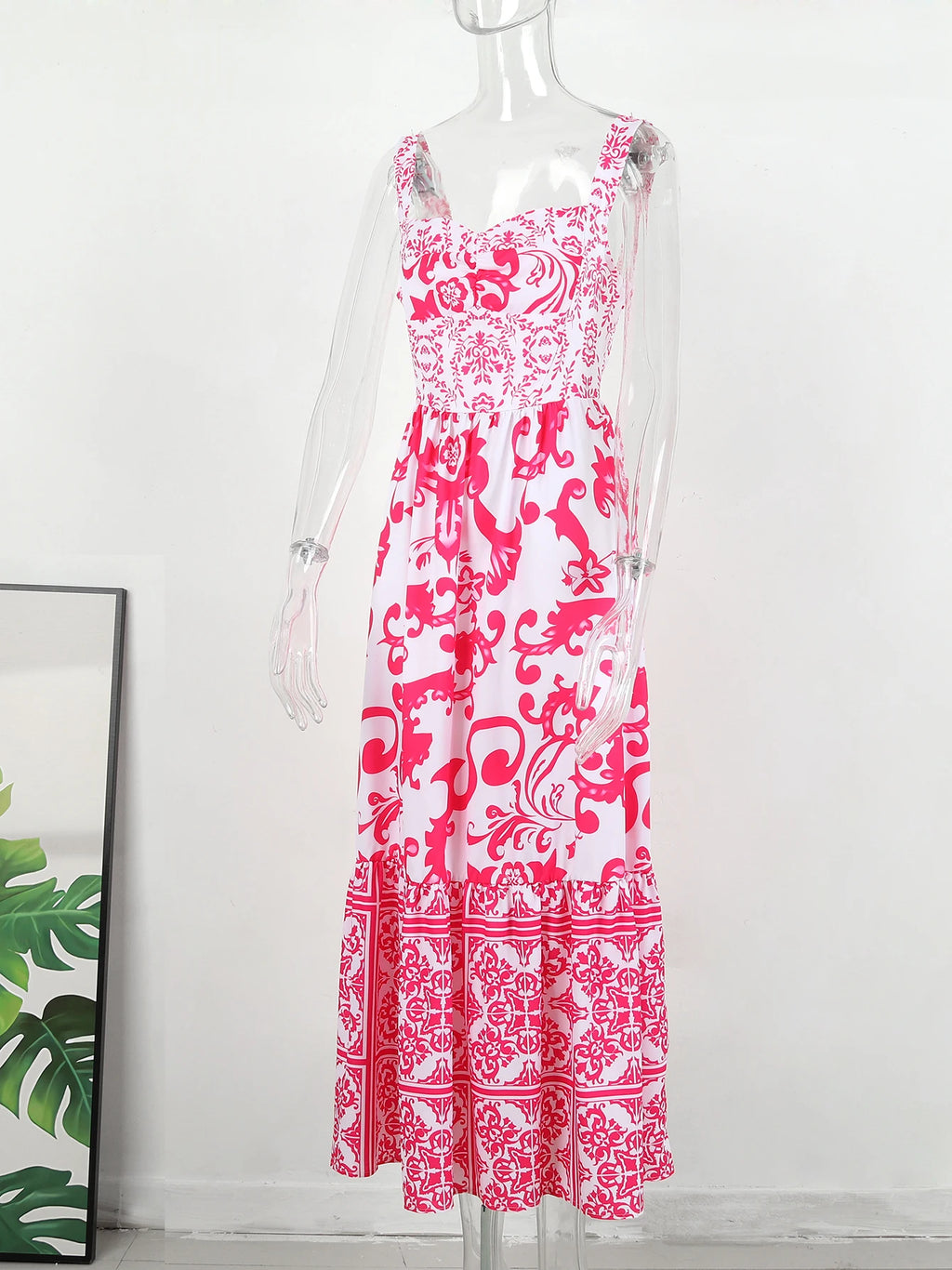 2024 Summer Print Long Dress Women Clothing Lace Up Sling Party Dresses Pattern Strappy Ladies Hollow Out V-Neck Beach Vestidos