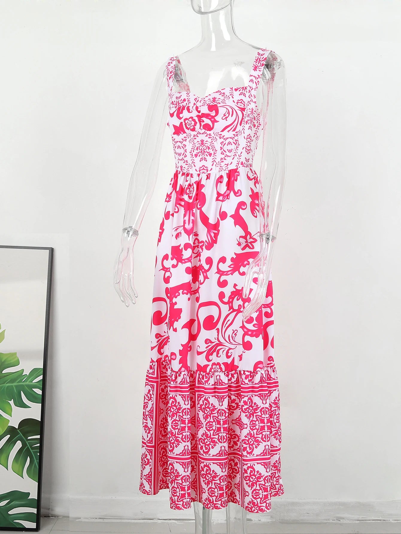 2024 Summer Print Long Dress Women Clothing Lace Up Sling Party Dresses Pattern Strappy Ladies Hollow Out V-Neck Beach Vestidos