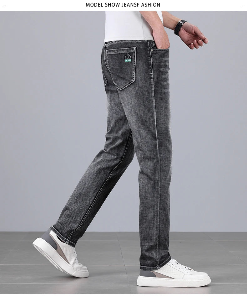 Men's Ultra-thin Stretch Casual Jeans New for Summer Business Fashion Straight Baggy Denim Trousers Blue Classic Style Male