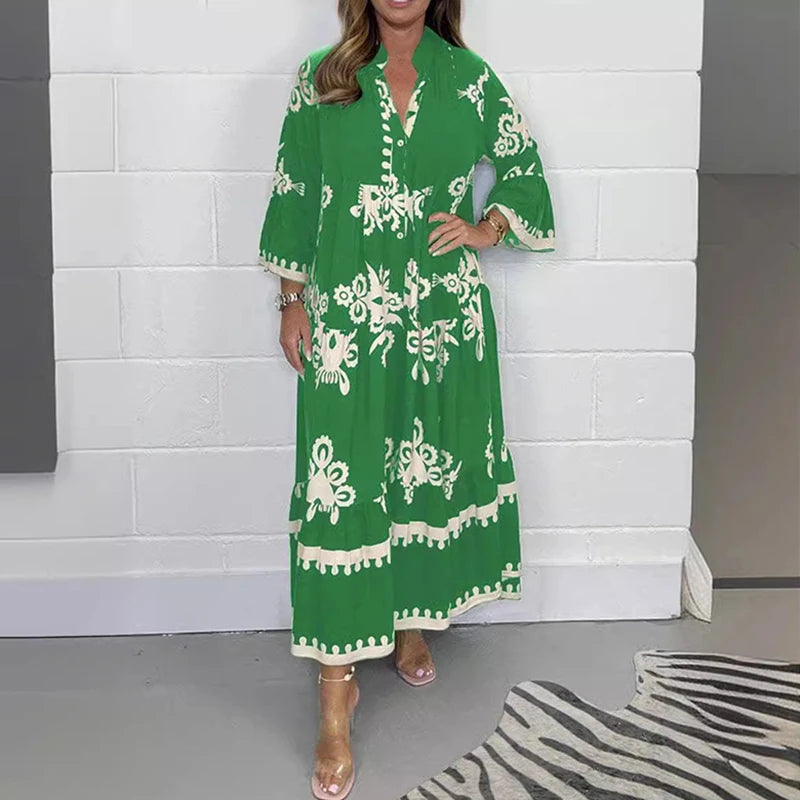 Vestidos Women's Printed Loose Ethnic Retro Dress Spring V Neck Button A-Line Long Dress Summer 3/4 Sleeve Bohemian Maxi Dresses