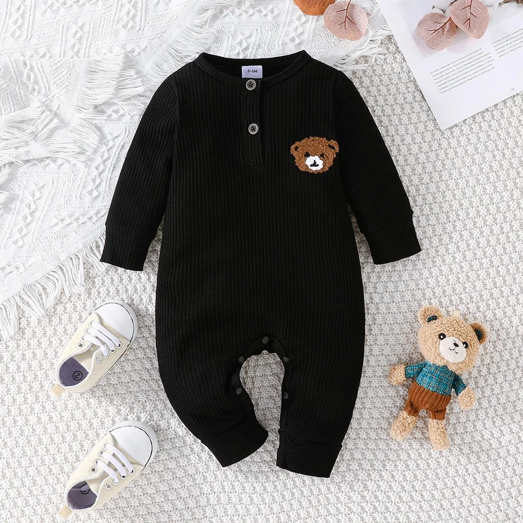 Vêtements pour nouveau-né de 0 à 18 mois, combinaison à petits boutons avec ours de dessin animé pour bébé garçon, barboteuse à manches longues pour tout-petit
