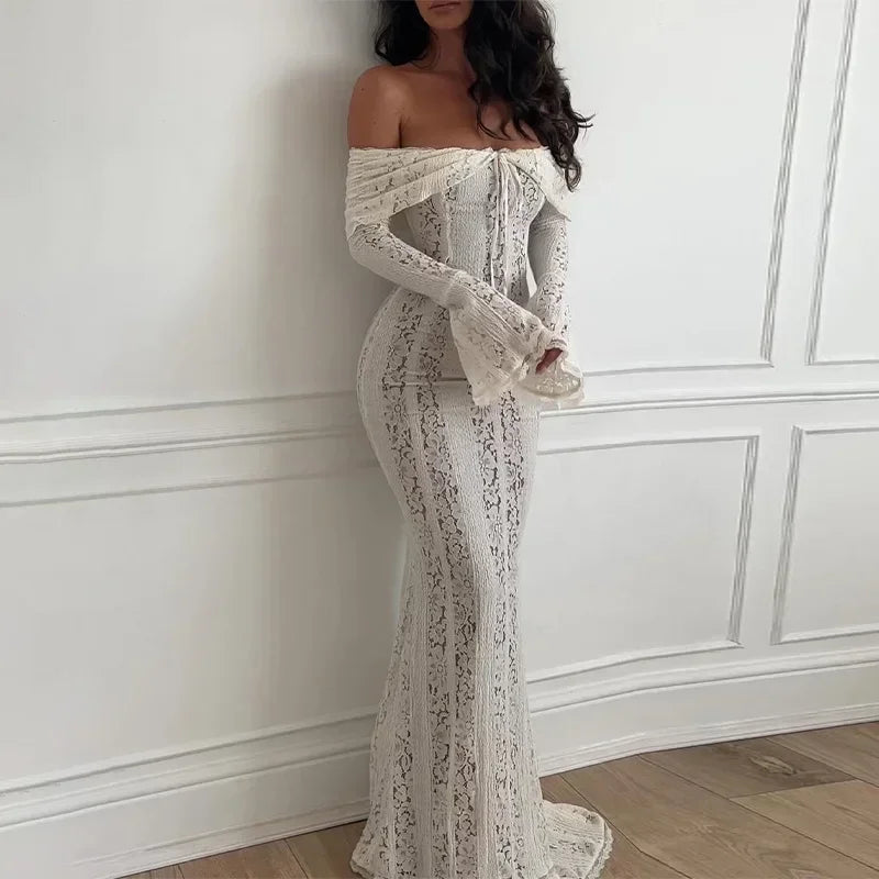 Sexy Women Hollow Out Slash Neck Lace Flared Sleeve Long Dress Elegant Laced Up Slim Fit Robes New Lady Evening Party Vestidos