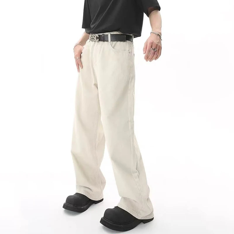 2024 Men Popular High Waist Straight Leg Jeans Male Simple Draping Wide Leg Denim Pants Brand Green Coffee Street Denim Trousers