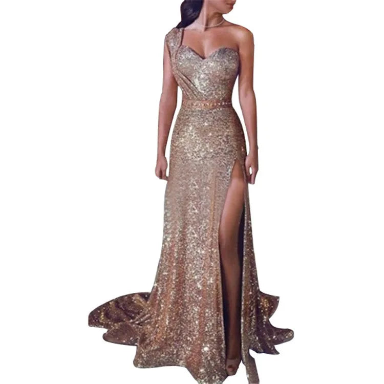 Explosive European and American women's sexy one-shoulder sleeveless gold hot dress slit long dress
