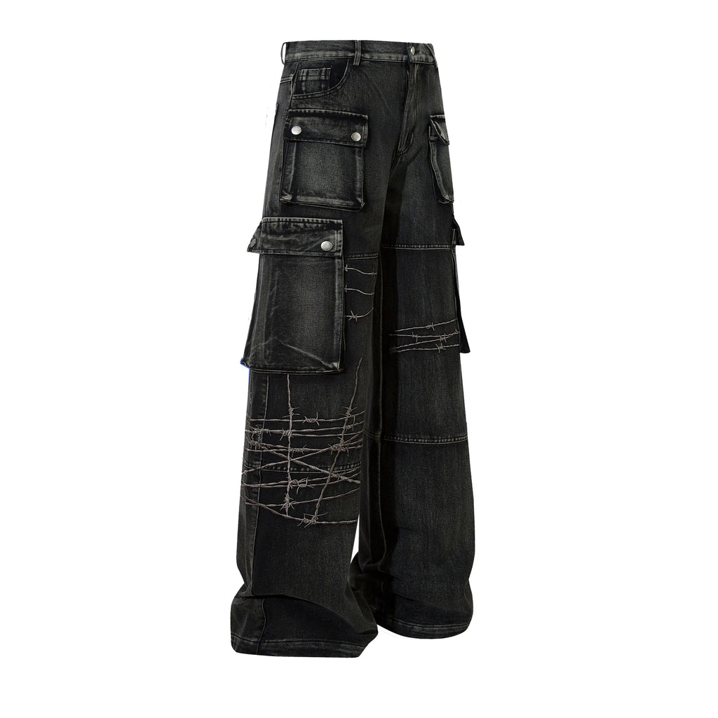 Trendy Brand American Retro Tooling Jeans Mens High Street Heavy Industry Embroidery Loose Wide-leg Trousers