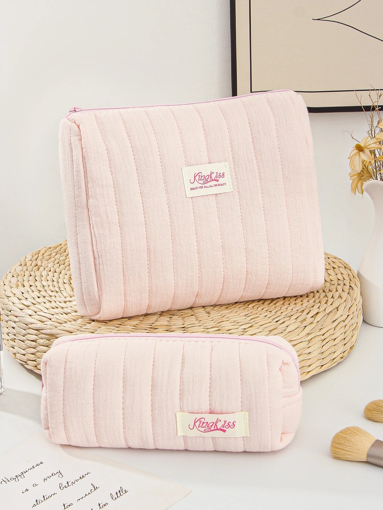 1pc/set pink quilted makeup bag, multifunctional makeup bag, handheld makeup bag, portable makeup bag set with zipper